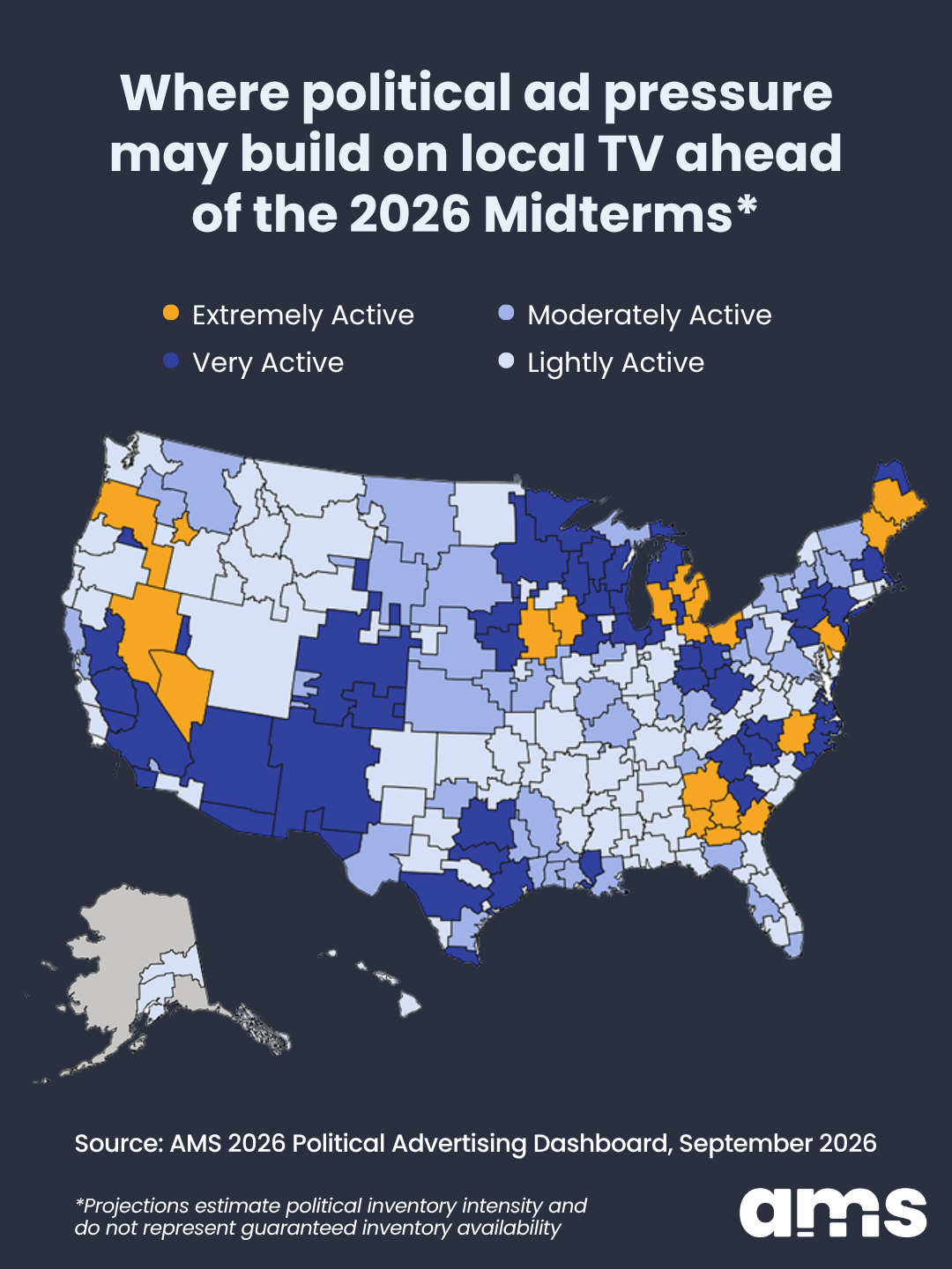 Where political ad pressure may build on local TV ahead of the 2026 midterms. AMS U.S Dashboard Map